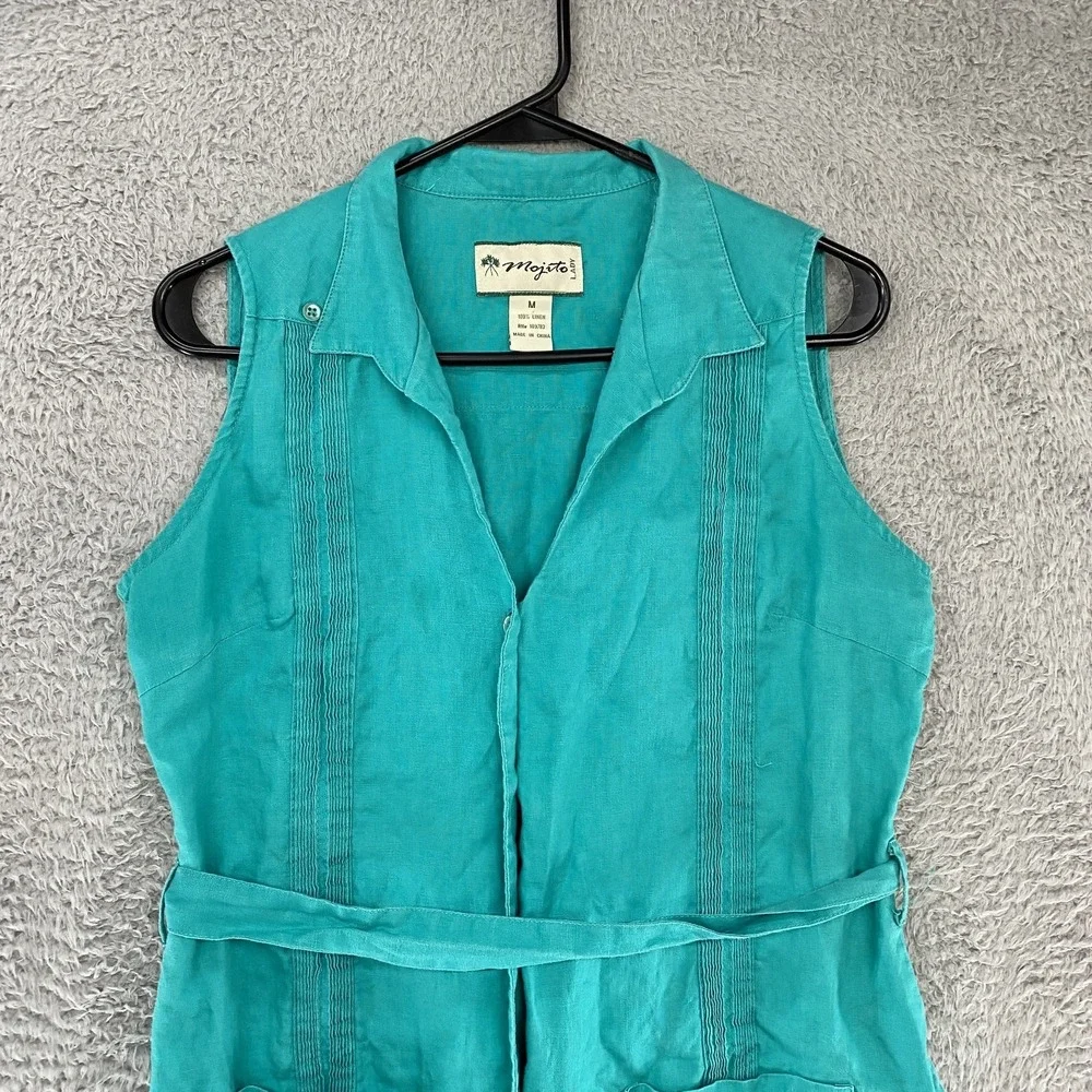 Mojito Linen Dress Womens Medium Turquoise‎ Blue Sleeveless Belted Cruise Resort